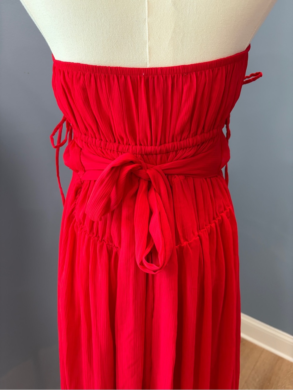 Outcast Red Strapless Maxi Dress XS Smocked Ruched Tie Waist - Picture 6 of 8